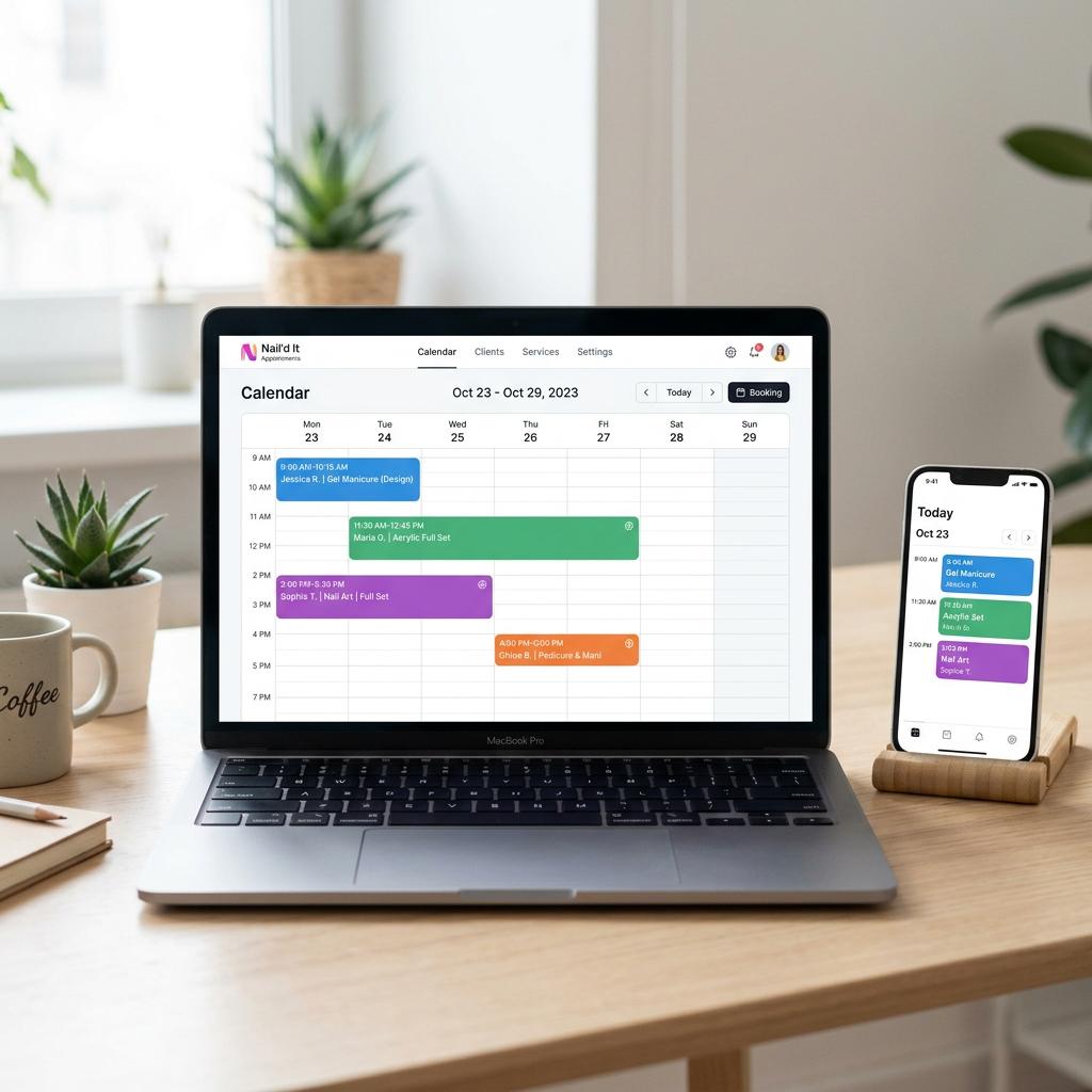 A booking calendar on a laptop beside a phone showing the same day's appointments.