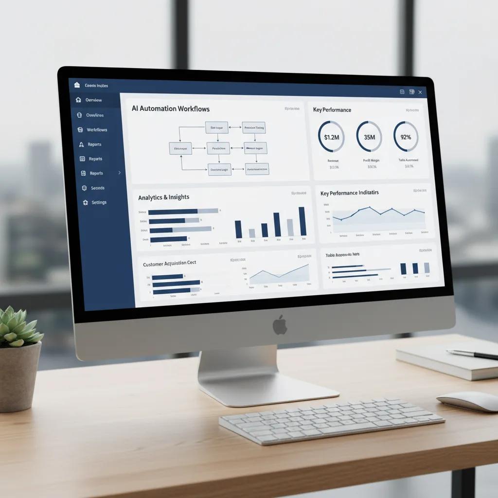 Desktop monitor showing an operations dashboard with workflows and performance charts.