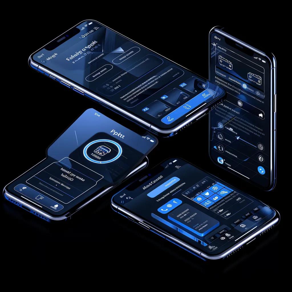 Several phones showing different screens of a mobile application.