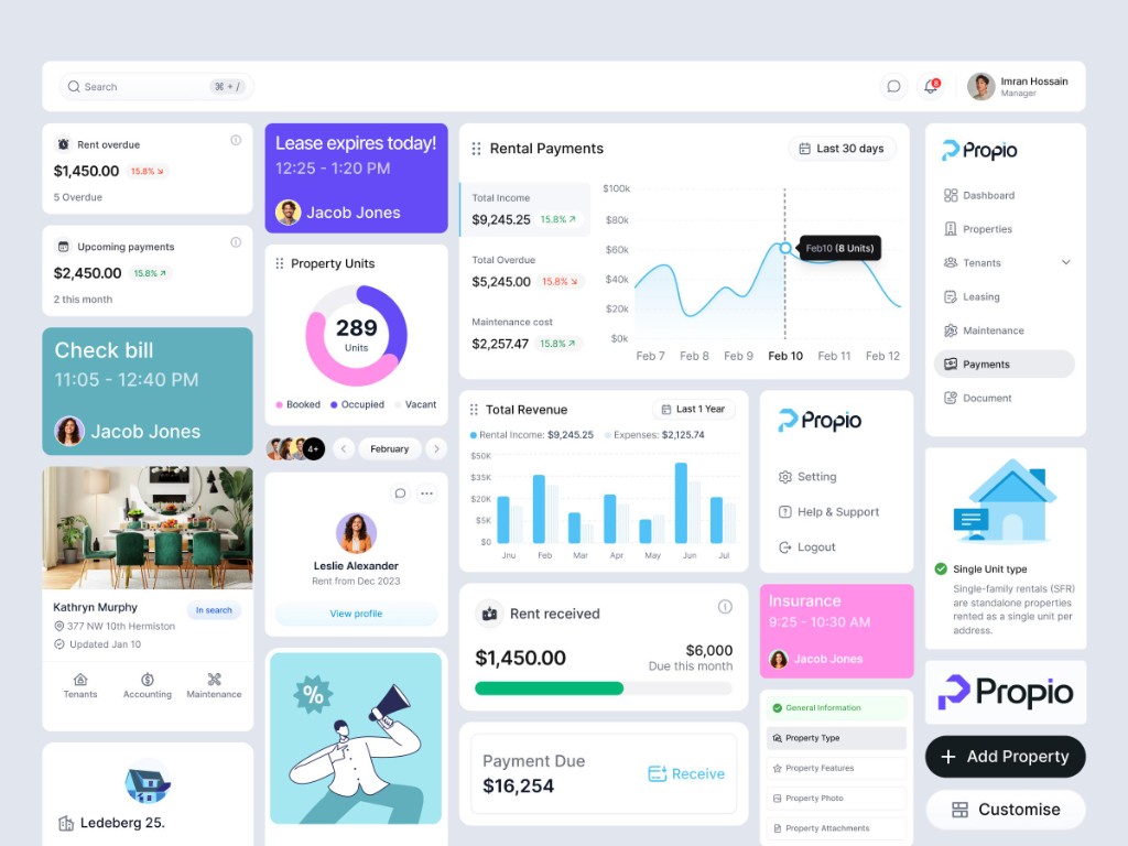 Rental dashboard with units, payments, tenants, and lease reminders.